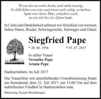 Traueranzeige von Siegfried Pape  von Magdeburger Volksstimme