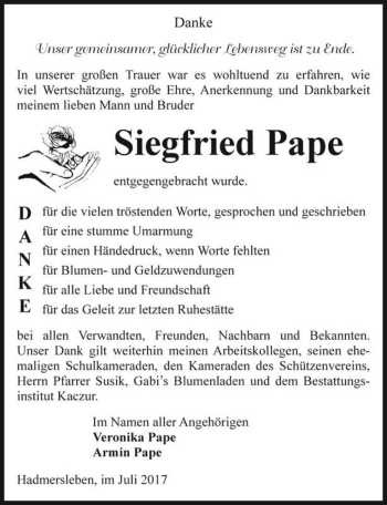 Traueranzeige von Siegfried Pape  von Magdeburger Volksstimme