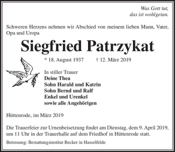 Traueranzeige von Siegfried Patrzykat  von Magdeburger Volksstimme
