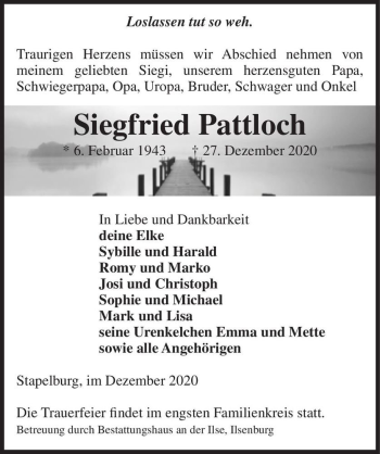 Traueranzeige von Siegfried Pattloch  von Magdeburger Volksstimme
