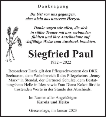 Traueranzeige von Siegfried Paul  von Magdeburger Volksstimme