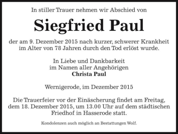 Traueranzeige von Siegfried Paul  von Magdeburger Volksstimme