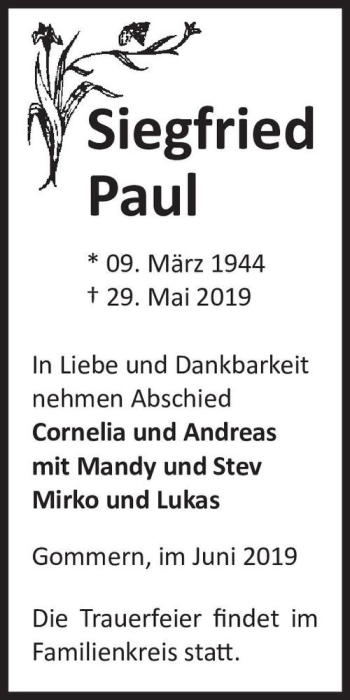 Traueranzeige von Siegfried Paul  von Magdeburger Volksstimme