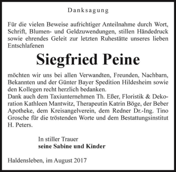 Traueranzeige von Siegfried Peine  von Magdeburger Volksstimme