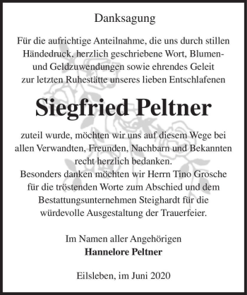 Traueranzeige von Siegfried Peltner  von Magdeburger Volksstimme