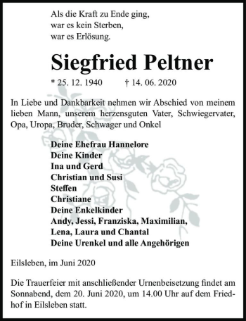 Traueranzeige von Siegfried Peltner  von Magdeburger Volksstimme