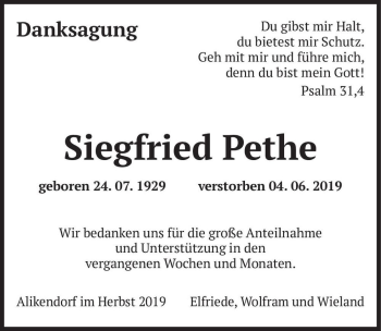 Traueranzeige von Siegfried Pethe  von Magdeburger Volksstimme