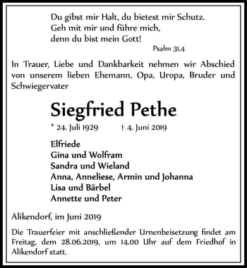 Traueranzeige von Siegfried Pethe  von Magdeburger Volksstimme