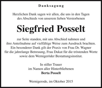 Traueranzeige von Siegfried Posselt  von Magdeburger Volksstimme