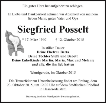 Traueranzeige von Siegfried Posselt  von Magdeburger Volksstimme