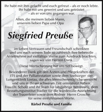 Traueranzeige von Siegfried Preuße  von Magdeburger Volksstimme