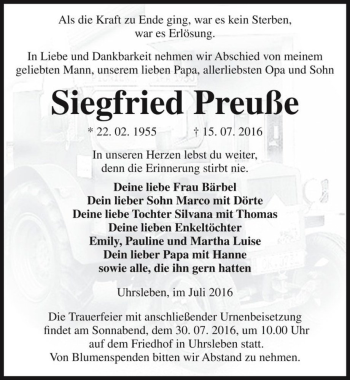 Traueranzeige von Siegfried Preuße  von Magdeburger Volksstimme