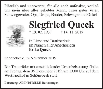Traueranzeige von Siegfried Queck  von Magdeburger Volksstimme