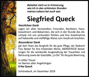 Traueranzeige von Siegfried Queck  von Magdeburger Volksstimme