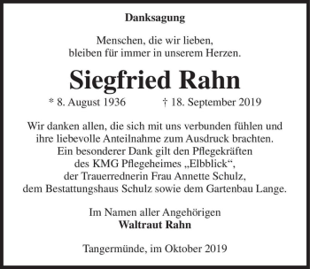 Traueranzeige von Siegfried Rahn  von Magdeburger Volksstimme