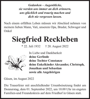 Traueranzeige von Siegfried Reckleben  von Magdeburger Volksstimme