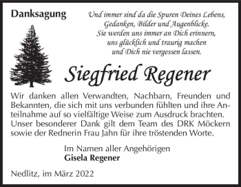 Traueranzeige von Siegfried Regener  von Magdeburger Volksstimme