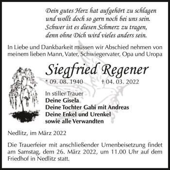 Traueranzeige von Siegfried Regener  von Magdeburger Volksstimme
