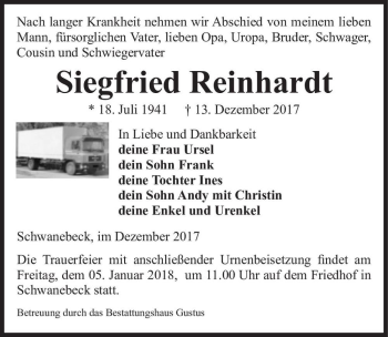 Traueranzeige von Siegfried Reinhardt  von Magdeburger Volksstimme