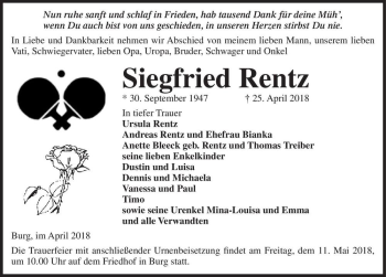 Traueranzeige von Siegfried Rentz  von Magdeburger Volksstimme