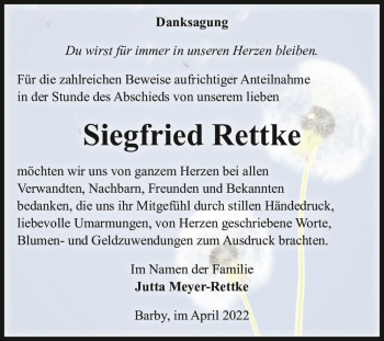 Traueranzeige von Siegfried Rettke  von Magdeburger Volksstimme