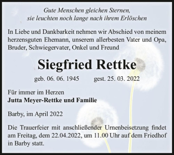 Traueranzeige von Siegfried Rettke  von Magdeburger Volksstimme
