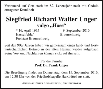 Traueranzeige von Siegfried Richard Walter Unger (vulgo 