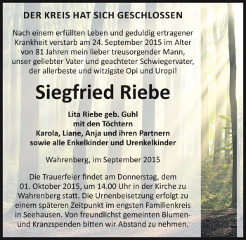 Traueranzeige von Siegfried Riebe  von Magdeburger Volksstimme