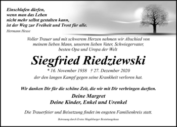 Traueranzeige von Siegfried Riedziewski  von Magdeburger Volksstimme