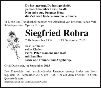 Traueranzeige von Siegfried Robra  von Magdeburger Volksstimme