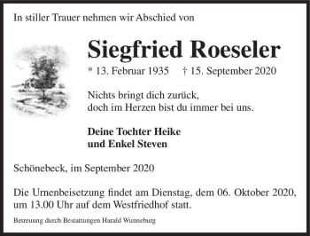 Traueranzeige von Siegfried Roeseler  von Magdeburger Volksstimme