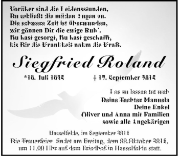 Traueranzeige von Siegfried Roland  von Magdeburger Volksstimme