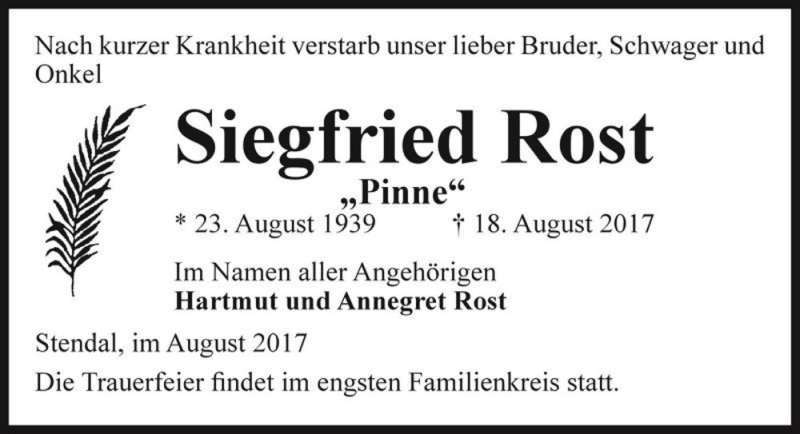  Traueranzeige für Siegfried Rost 