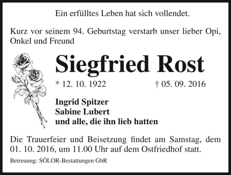  Traueranzeige für Siegfried Rost  vom 24.09.2016 aus Magdeburger Volksstimme