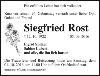 Traueranzeige von Siegfried Rost  von Magdeburger Volksstimme