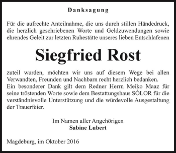 Traueranzeige von Siegfried Rost  von Magdeburger Volksstimme