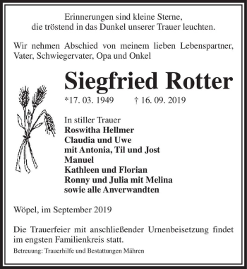 Traueranzeige von Siegfried Rotter  von Magdeburger Volksstimme