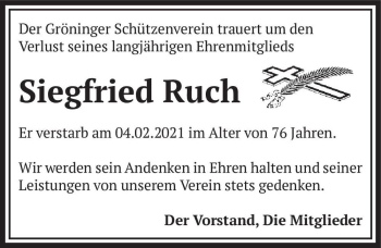 Traueranzeige von Siegfried Ruch  von Magdeburger Volksstimme