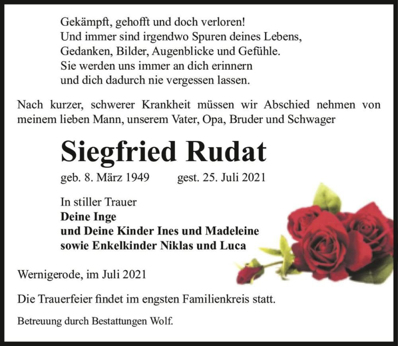 Traueranzeige für Siegfried Rudat  vom 31.07.2021 aus Magdeburger Volksstimme
