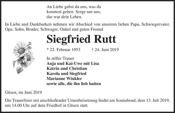 Traueranzeige von Siegfried Rutt  von Magdeburger Volksstimme