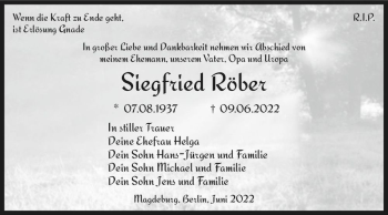 Traueranzeige von Siegfried Röber  von Magdeburger Volksstimme
