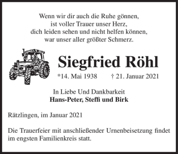 Traueranzeige von Siegfried Röhl  von Magdeburger Volksstimme
