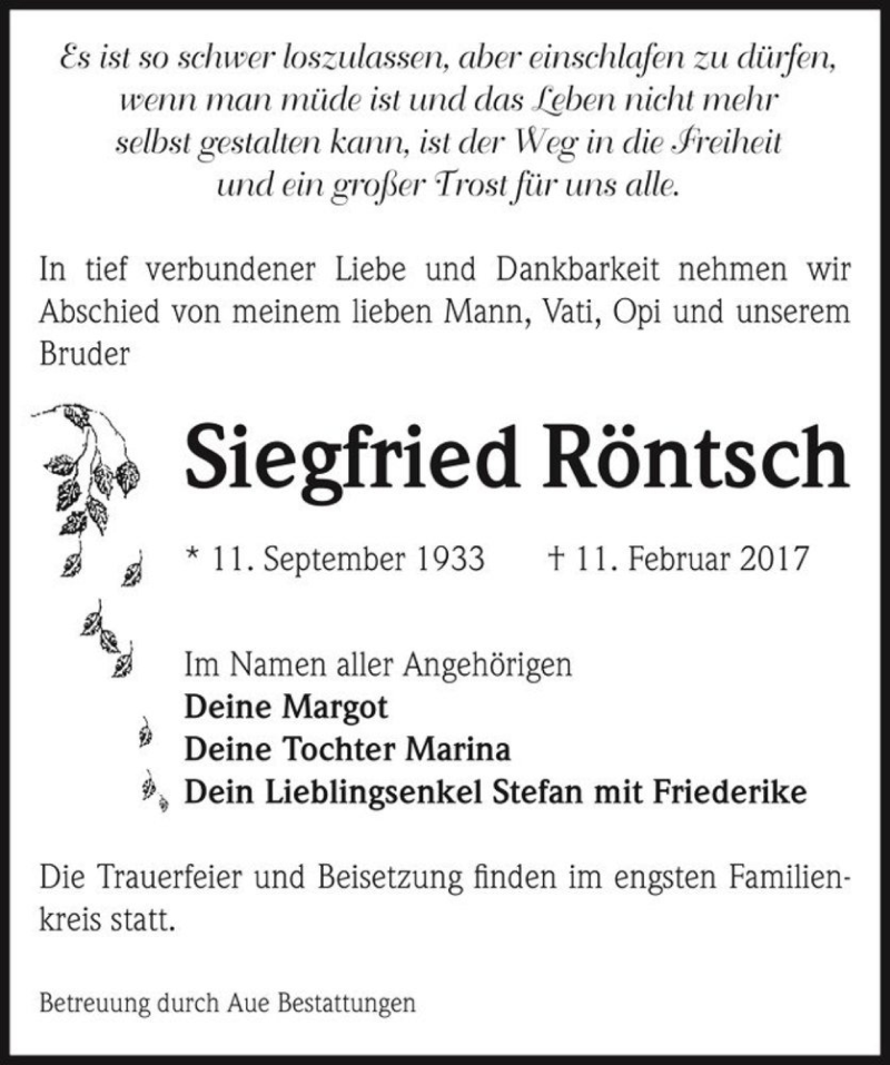  Traueranzeige für Siegfried Röntsch  vom 18.02.2017 aus Magdeburger Volksstimme