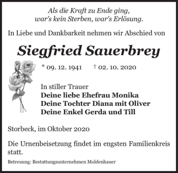 Traueranzeige von Siegfried Sauerbrey  von Magdeburger Volksstimme