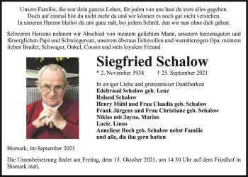 Traueranzeige von Siegfried Schalow  von Magdeburger Volksstimme