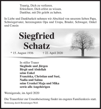 Traueranzeige von Siegfried Schatz  von Magdeburger Volksstimme