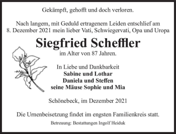 Traueranzeige von Siegfried Scheffler  von Magdeburger Volksstimme