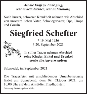 Traueranzeige von Siegfried Schefter  von Magdeburger Volksstimme
