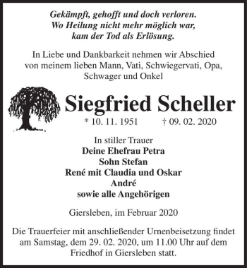 Traueranzeige von Siegfried Scheller  von Magdeburger Volksstimme