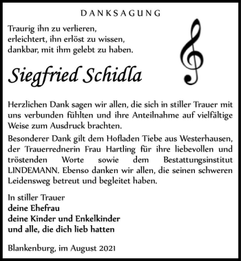 Traueranzeige von Siegfried Schidla  von Magdeburger Volksstimme